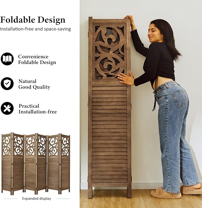 Room Divider Wood Carved Wall Divider Indoor Folding Portable Partition Screen - Image 3