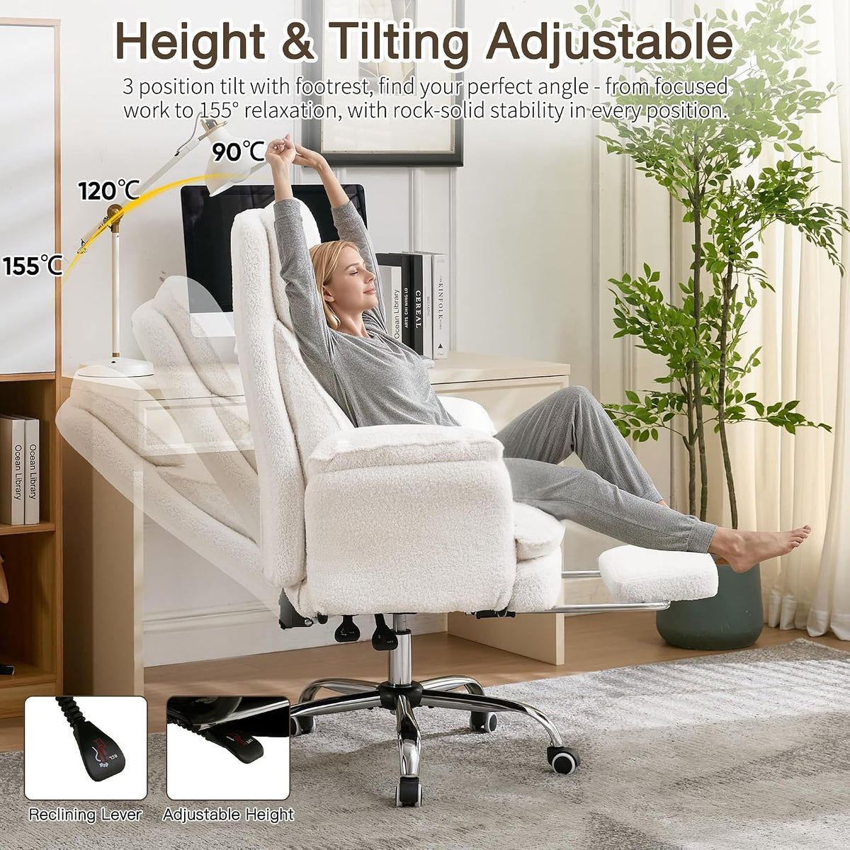 JOMEED Cloud Cross Legged Office Chair with Footrest,Flip Armrest,White