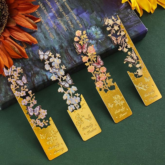4pcs Metal Bookmarks, Butterfly Flower Theme Pretty Book Marks by VYRANA