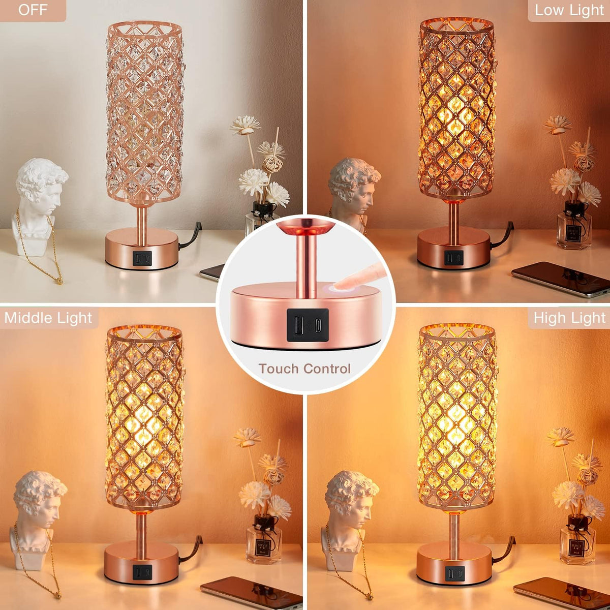 pink crystal table lamp, 3 way dimmable touch, side view