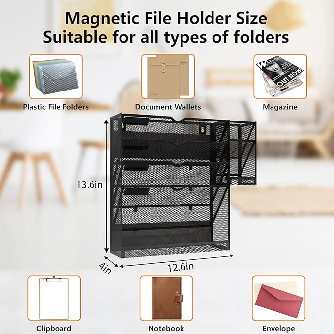 KZWKRG Magnetic File Holder, Magnetic File Organizer Wall Mount, 5 Tier Hanging - Image 4