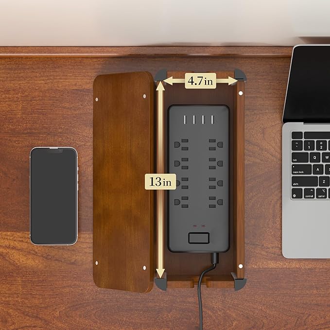 Delamu Wooden Cable Management Box, Retro-Inspired Look Desk Cord Organizer Box - Image 3