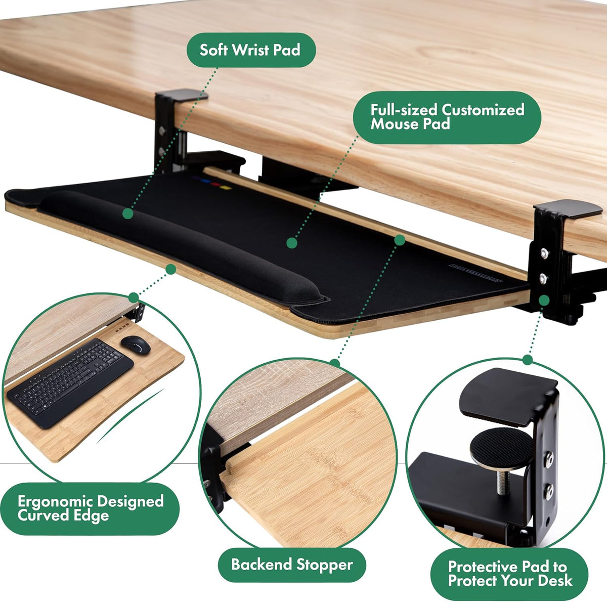 D'vine Dev Keyboard Tray Under Desk with Wrist Rest, Bamboo Wood Keyboard...