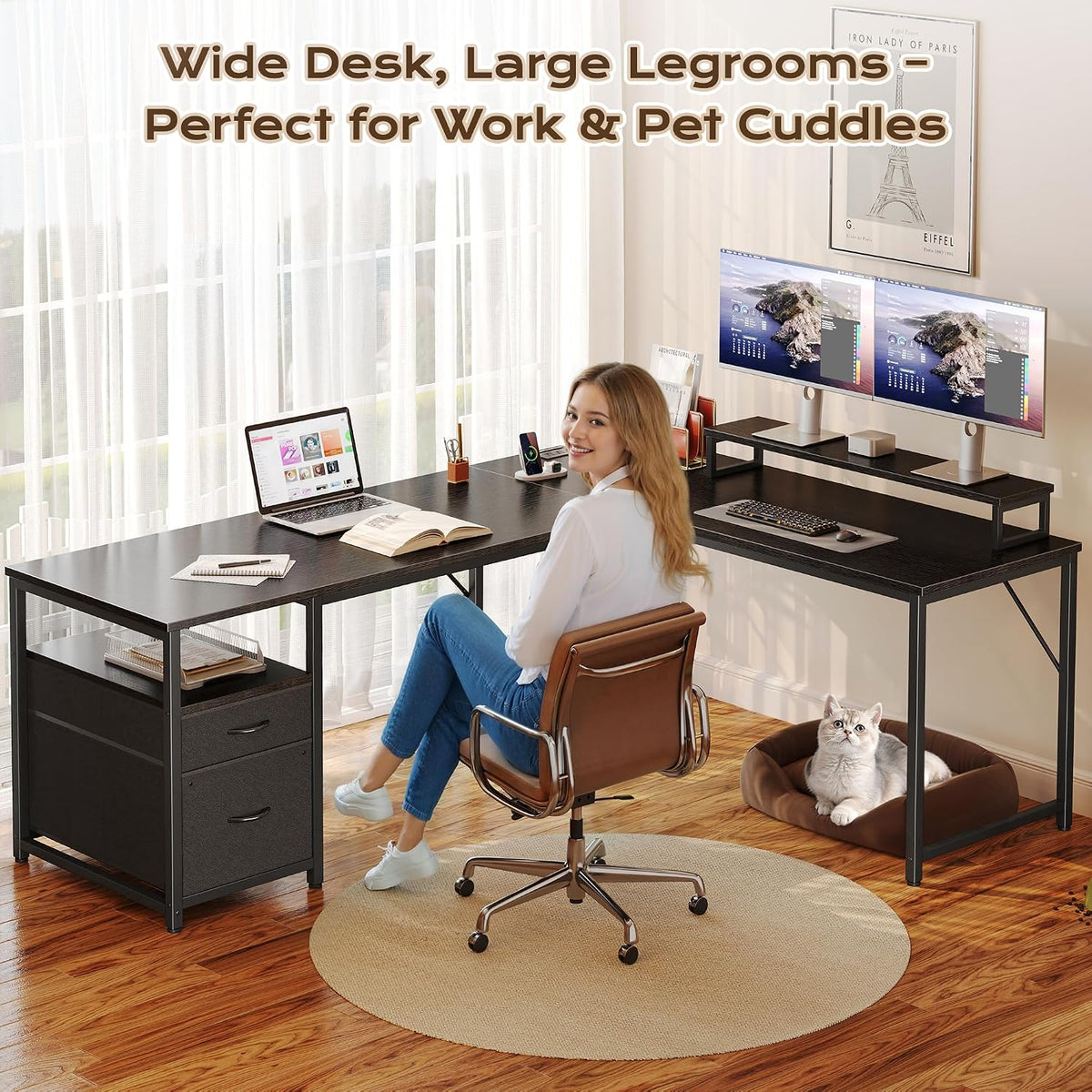 PRAISUN 63 Inch L Shaped Desk with Power Outlets and USB-C Port, Computer Cor...