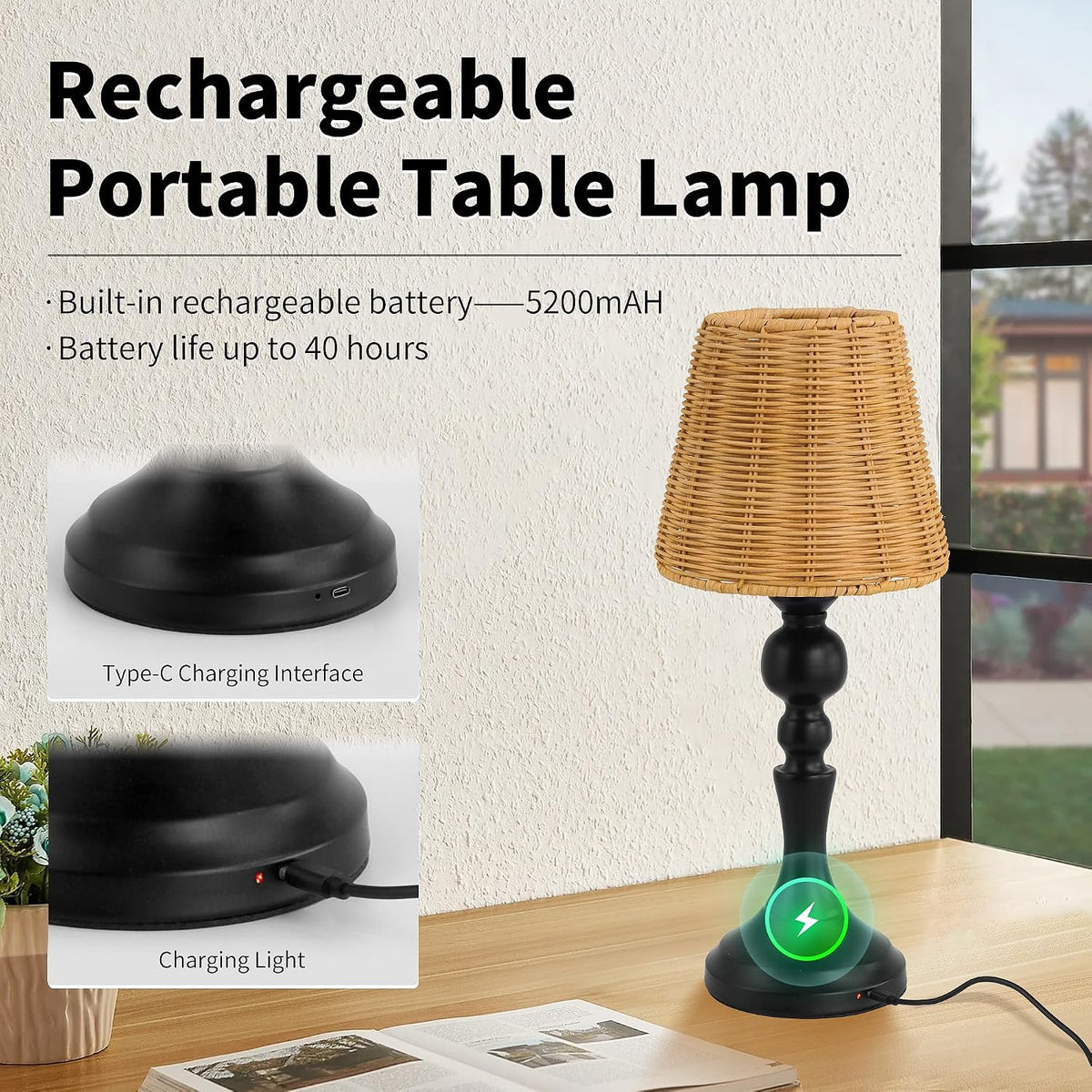 Rechargeable Cordless Table Lamp with Rattan Shade, 5200mAh Touch Dimmable Ba...