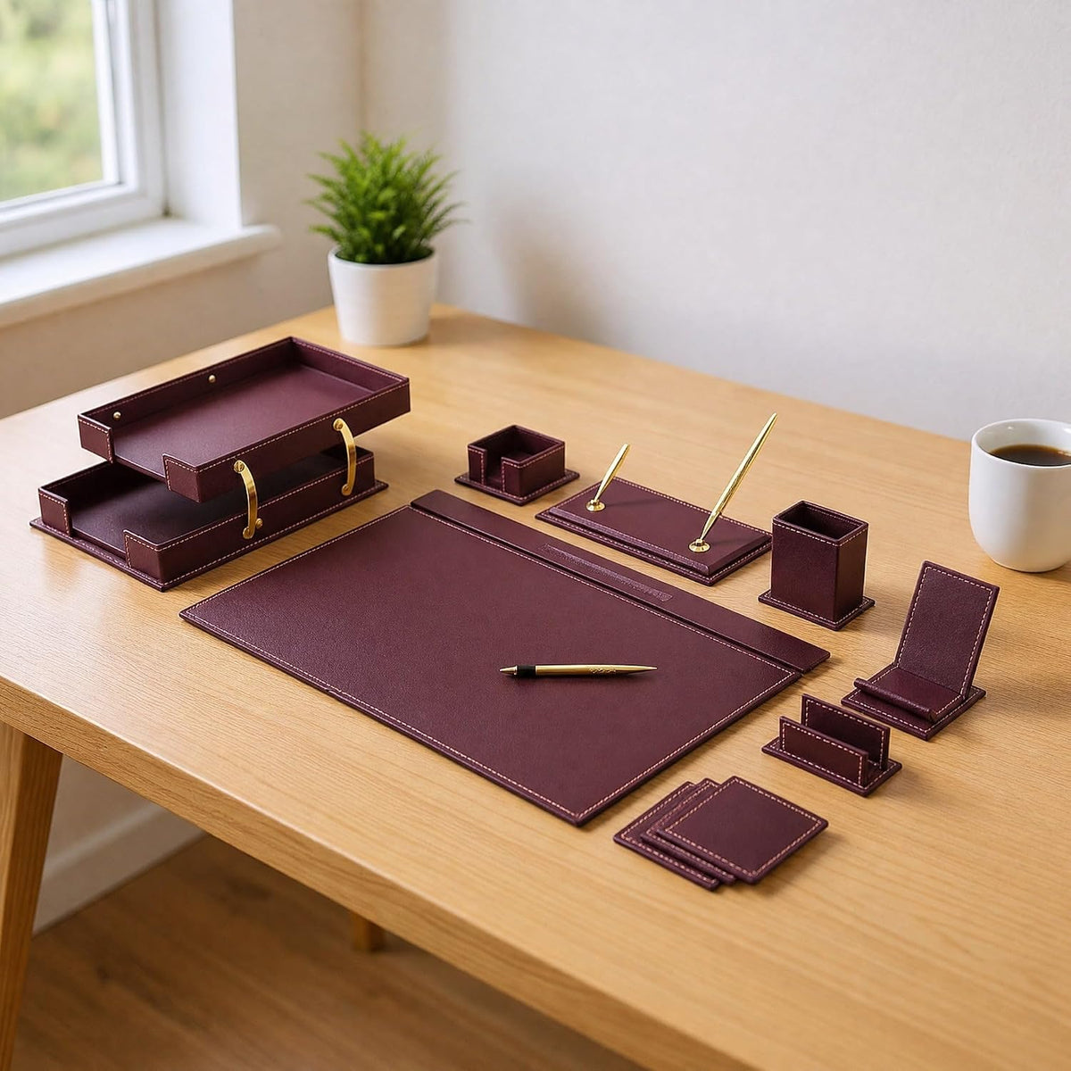 MOOGCO 12-Piece Leather Desk Set — Desk Pad 23.2" x 15.4", Double D...
