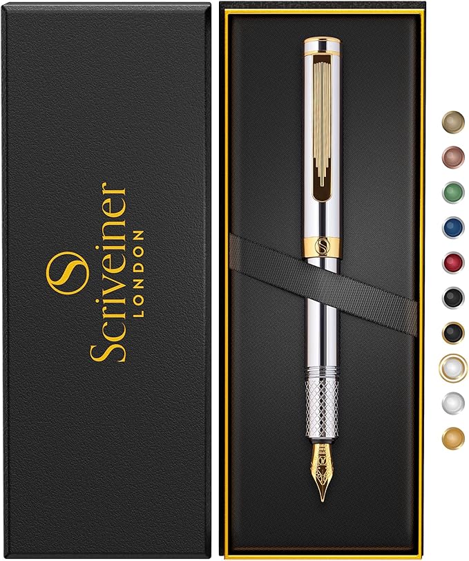 Scriveiner Luxury EDC Fountain Pen, Stunning Silver Chrome Luxury Pen, Real - Image 9