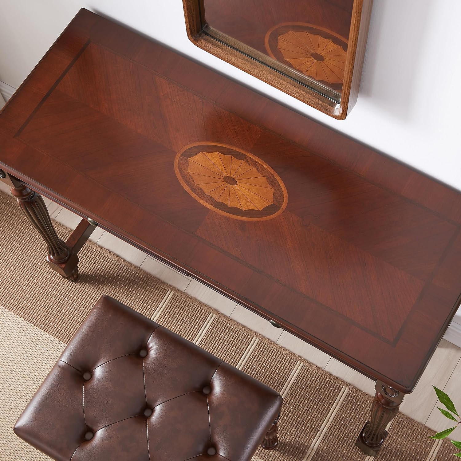 Wood Writing Desk Stool Set, Small Secretary Desk Set-Cheery&Brown | Vintage Vanity Makeup Table Set, 39.4" W Wood Computer Desk Chair Set for Home Office, 2 Drawers Desk&Button-tufted Stool Set