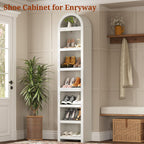 uposoja 76" tall narrow arched bookcase,7-teir mid-century modern showing dimensions