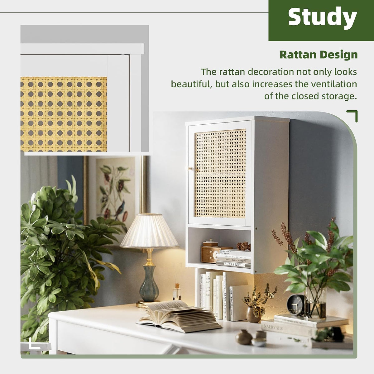 Bathroom Wall Cabinet, Bamboo Over-The-Toilet Storage Organizer with Rattan D...