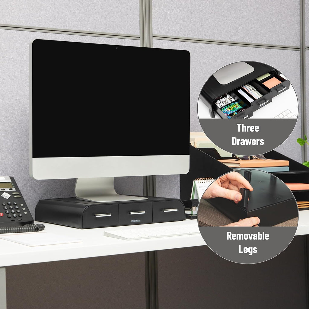mind reader monitor stand, 3 storage drawers, desktop, side view