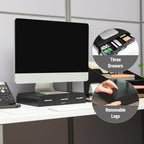 mind reader monitor stand, 3 storage drawers, desktop, side view