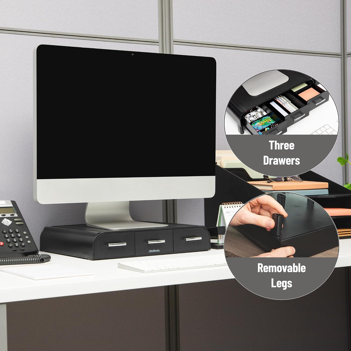 mind reader monitor stand, 3 storage drawers, desktop, side view