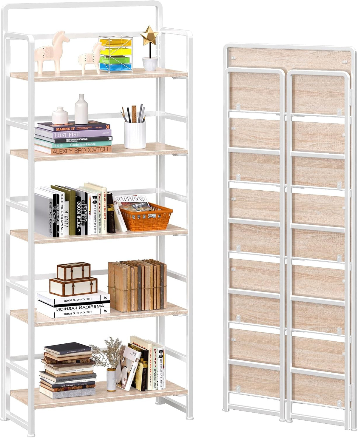 4NM No Assembly 5 Tiers Folding Bookshelf Storage Shelves Vintage Bookcase