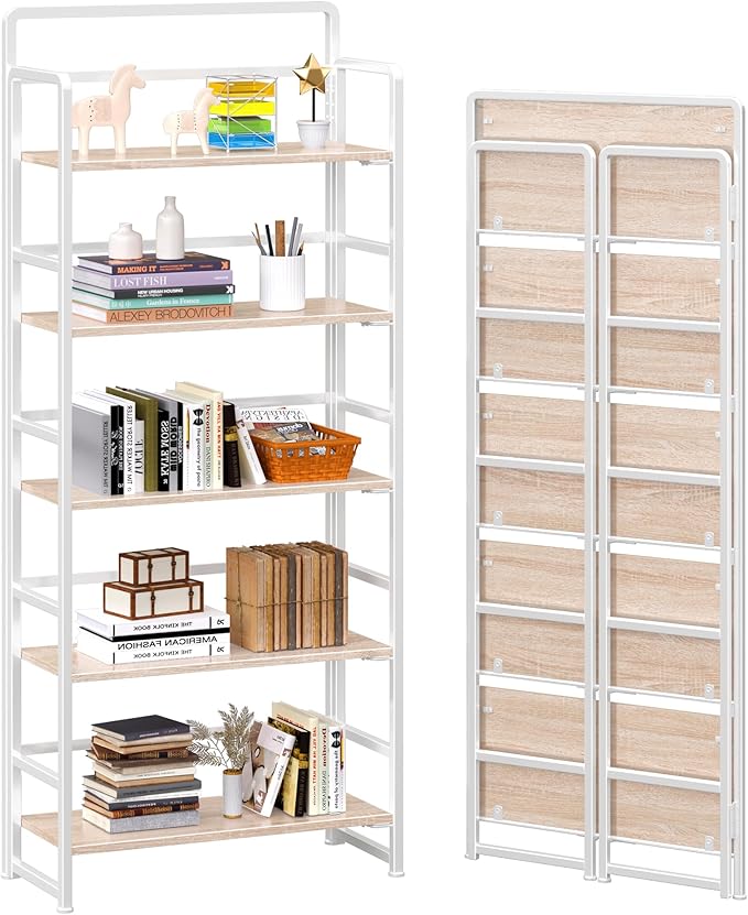 4NM No Assembly 5 Tiers Folding Bookshelf Storage Shelves Vintage Bookcase by 4NM
