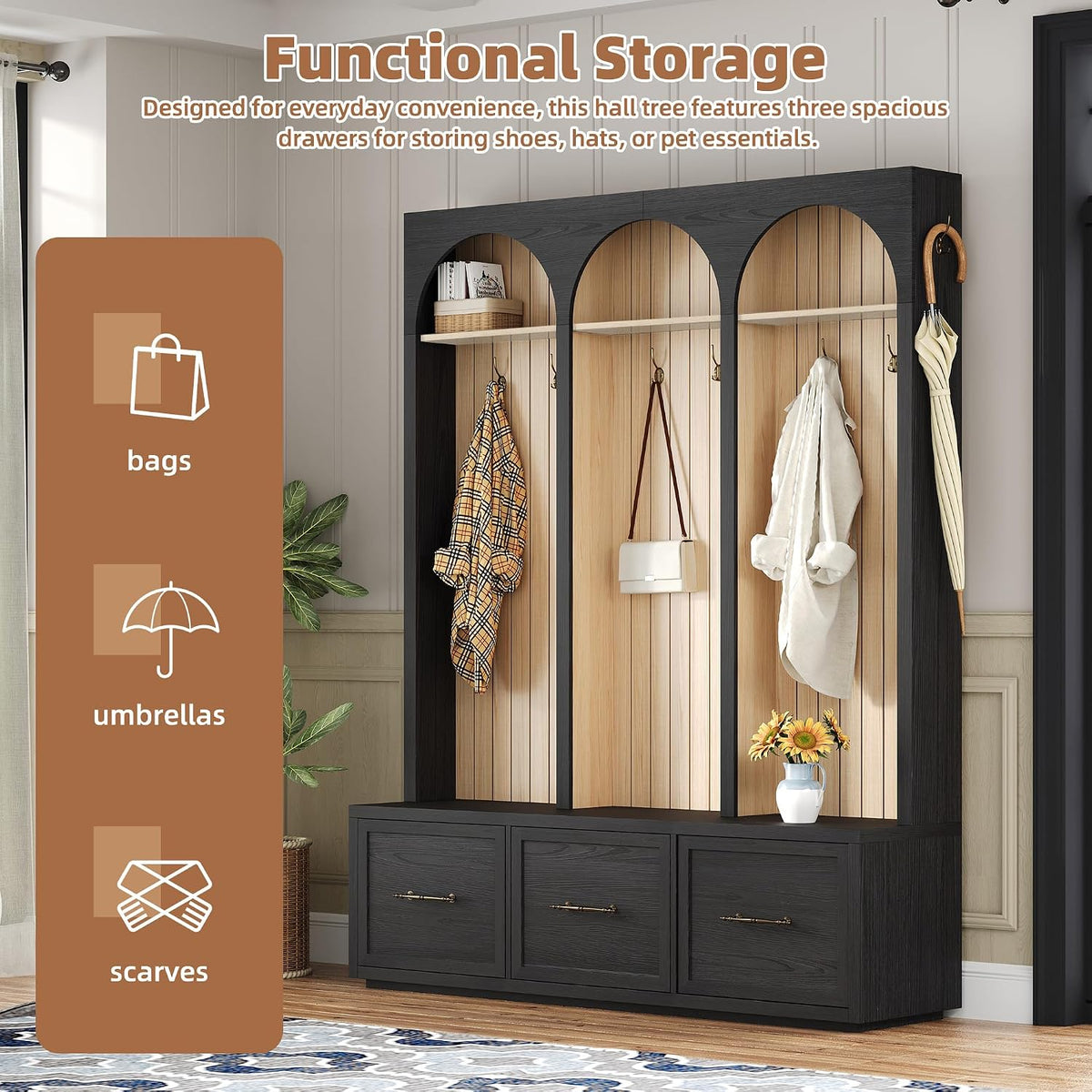 Merax Farmhouse Wood Hall Tree with 8 Hooks and Storage Shoe Bench, Arched Mu...