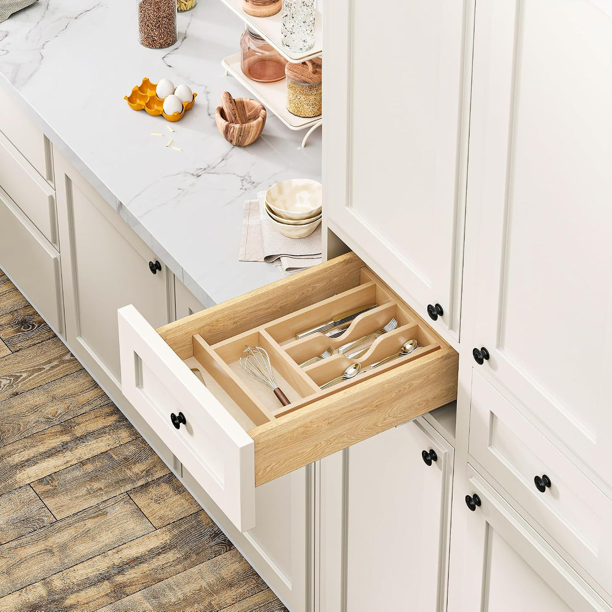 Clikuutory Natural Birch Wood Utensil Drawer Insert Organizer with 7 Compartm...