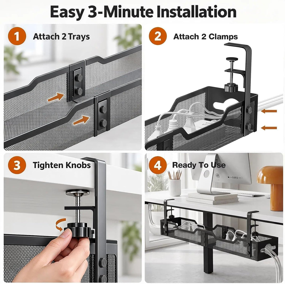 32" Under Desk Cable Management Tray, Quszmd Wire Organizer No Drill, Black