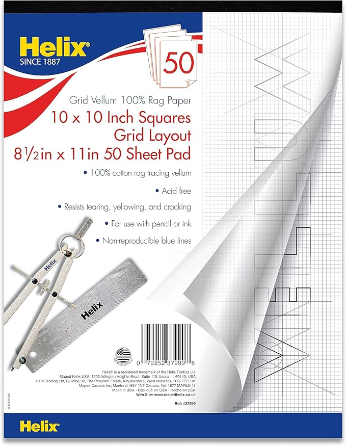 Helix - 100% Rag Vellum Paper Pad - 1 Inch Equals 10x10 Grid - 8.5 Inch x 11 by MapedHelixUSA