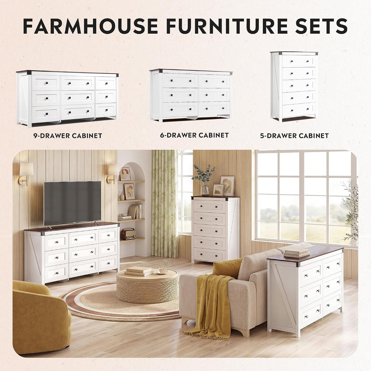 9-Drawer 62.2"W Farmhouse TV Stand for TVs up to 70 Inches, White