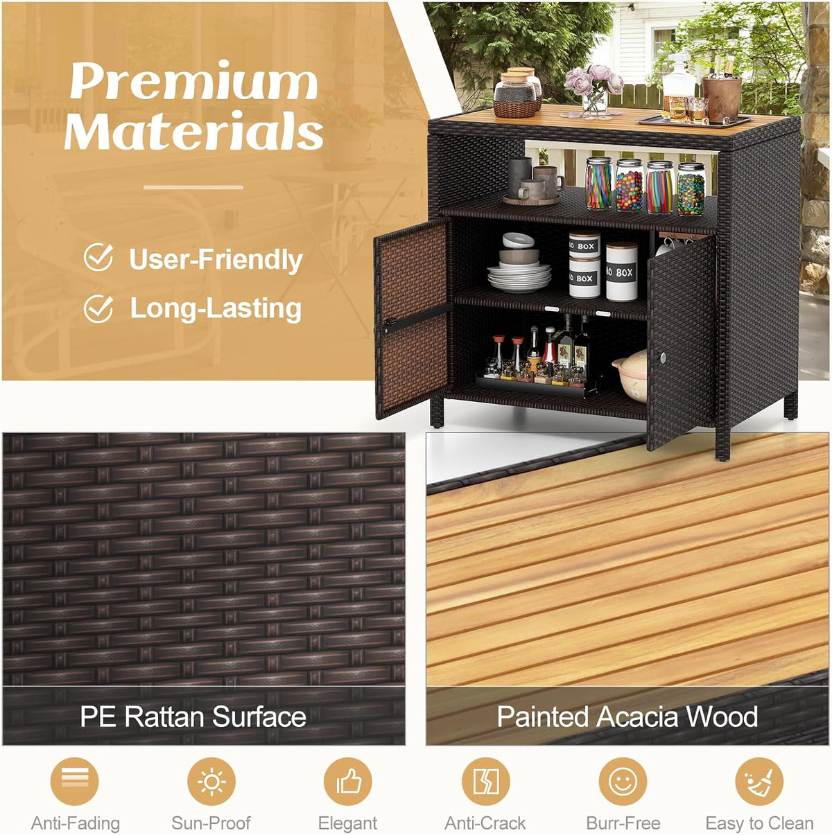 RELAX4LIFE Wicker Outdoor Bar Cabinet - PE Rattan Patio Bar Table w/Acacia Wo...