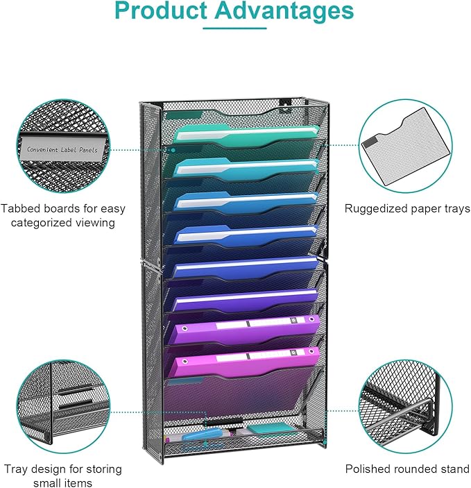 VEESUN 10 Tier Hanging Wall File Organizer, Wall File Holder Organizer Mounted - Image 3