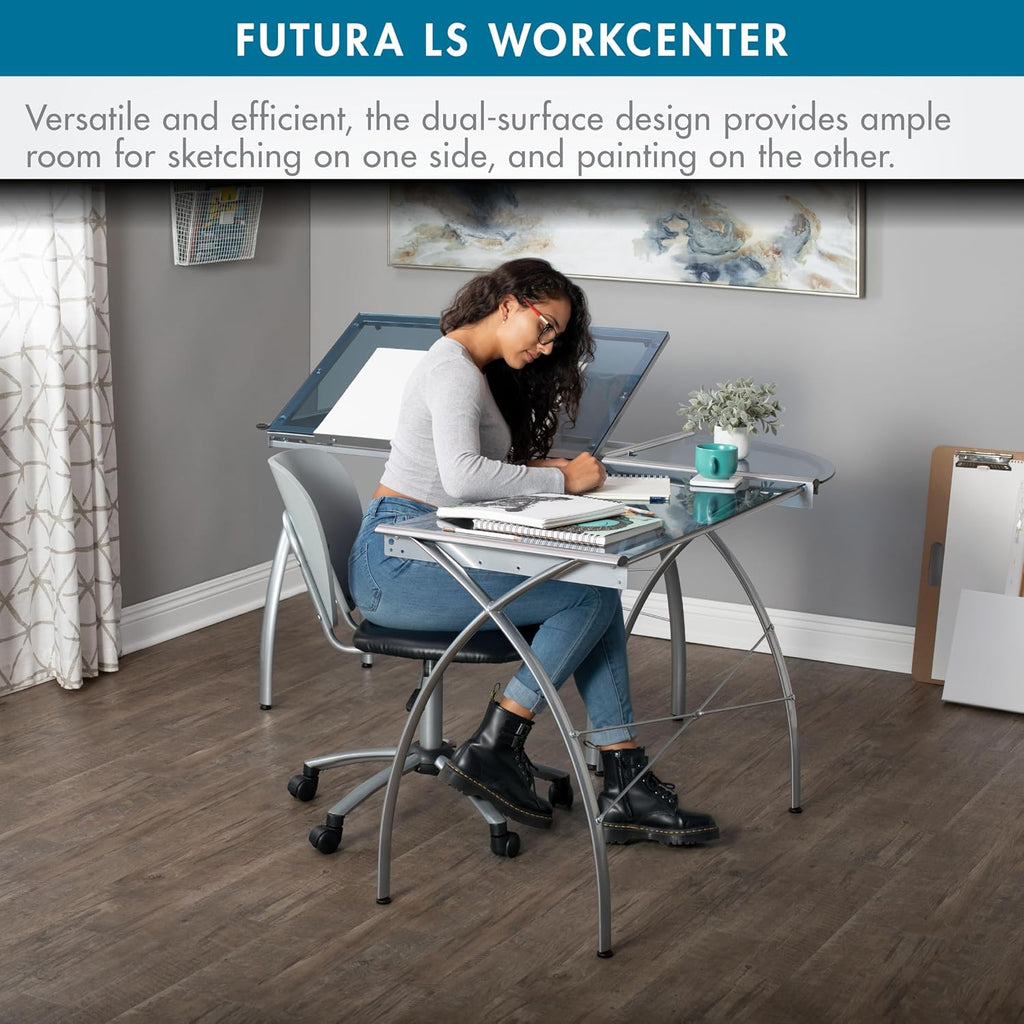 SD STUDIO DESIGNS Futura LS WorkCenter with Tilt Top Adjustable Drafting Table Craft Table Drawing Desk Hobby Table Writing Desk Studio Desk, Silver / Blue Glass