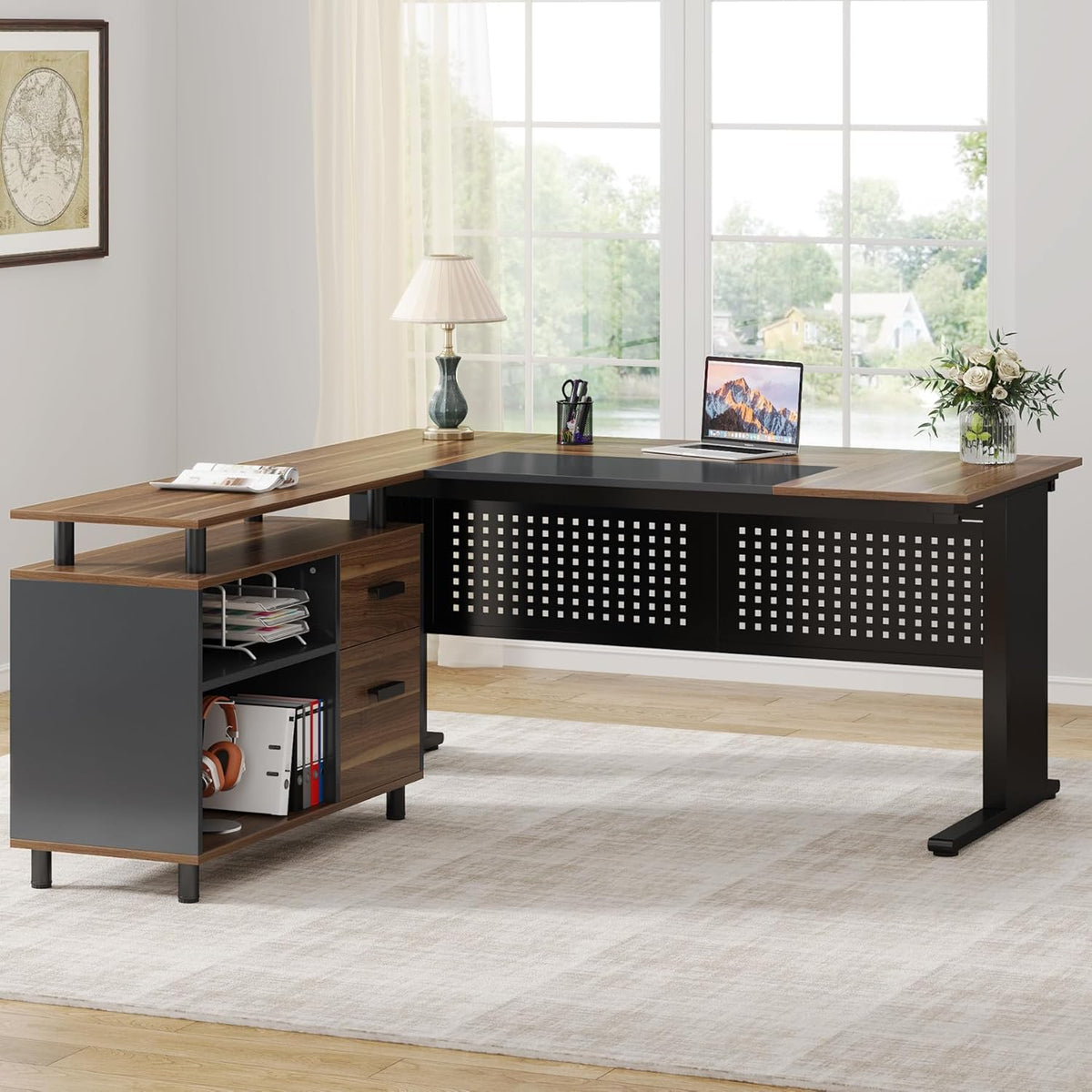 Tribesigns 63 Inch Executive Desk with File Cabinet, L Shaped Office Desk