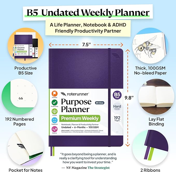 Roterunner Purpose Planner Notebook B5 7.5”x9.8” Undated 2026 Daily Weekly and - Image 2