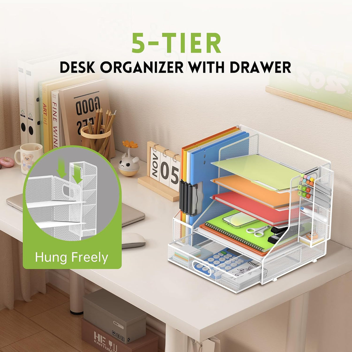 5-Tier Desk Organizer with File Holder & Pen Holder & Sliding Drawer,...