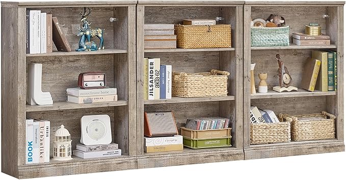 RWYHG 43" Grey Tall Bookshelf Set of 3, 3-Tier Thick Wooden Book Shelf by RWYHG