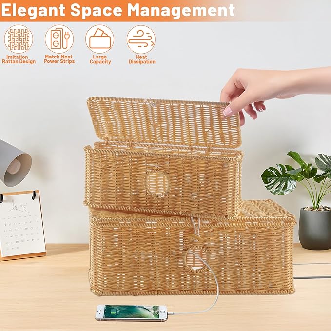 IHKFILAN 2 Pcs Handmade Cable Management Boxes Rattan Cable Organizer Large & - Image 3