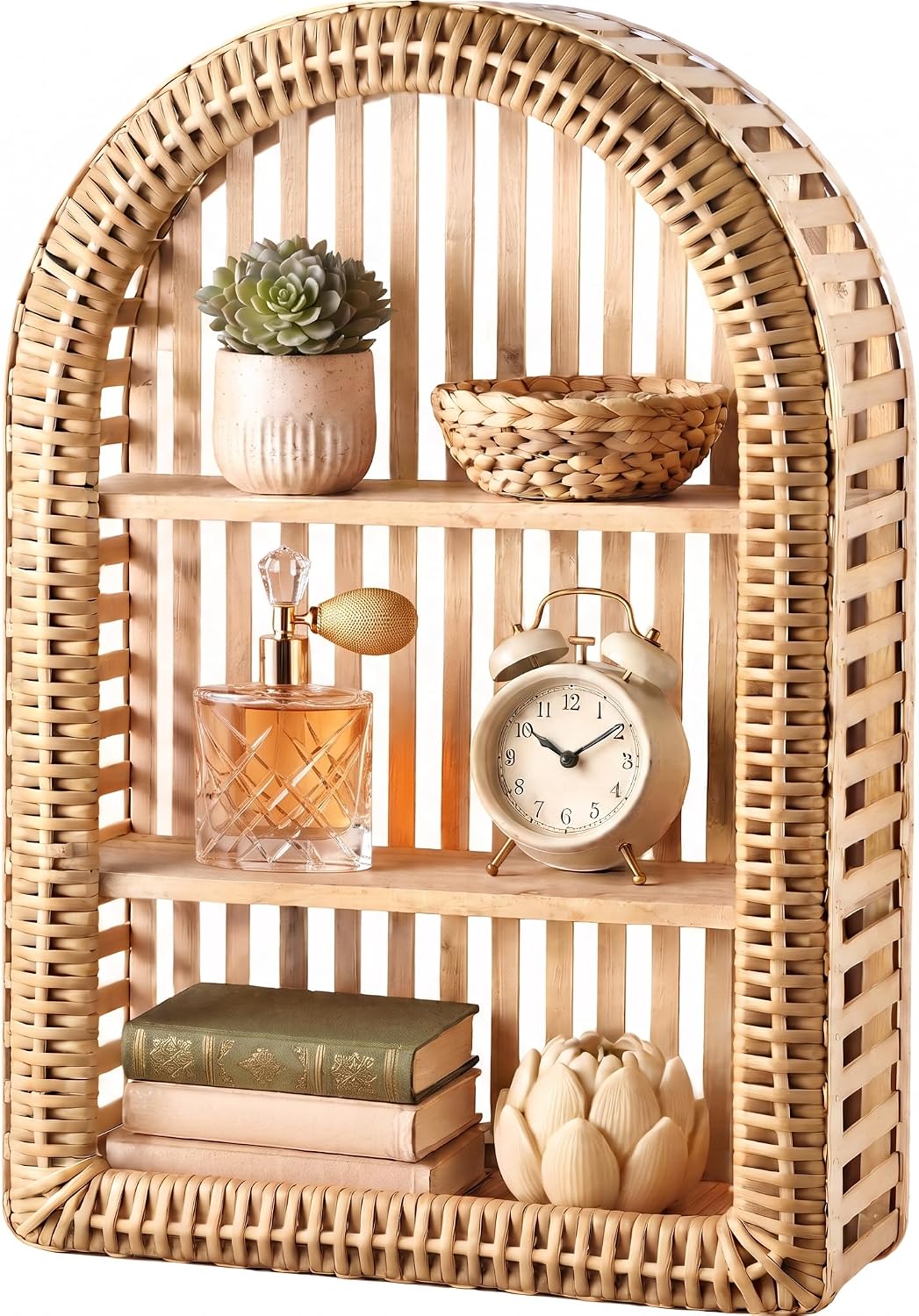 Rattan Wall Shelf - 3 Tier Boho Arched Wicker Hanging Shelves