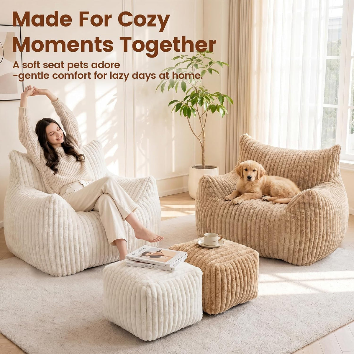 WSOFRLAC Giant Plush Bean Bag Chairs, Cozy Fluffy Single Cloud Couch, White