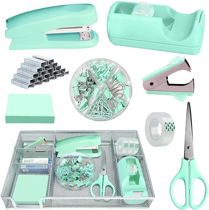 Green Office Desk Accessories, Desk Drawer Organizer, Stapler and Tape by Unknown