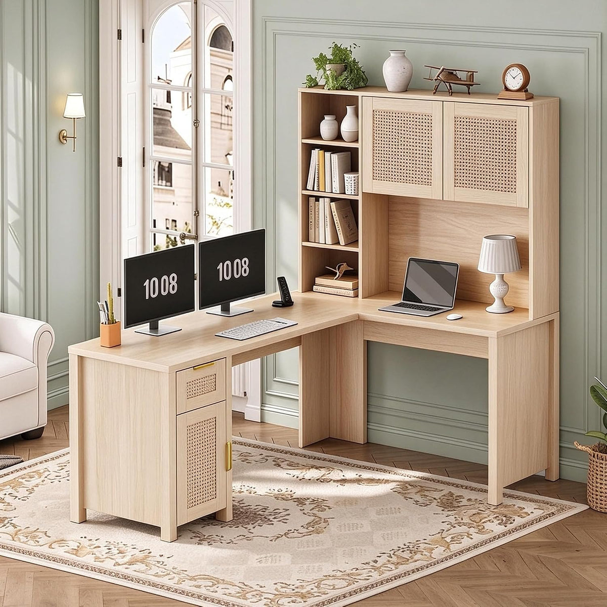 IDEALHOUSE L Shaped Desk with Storage, Computer Desk with Hutch, Wood