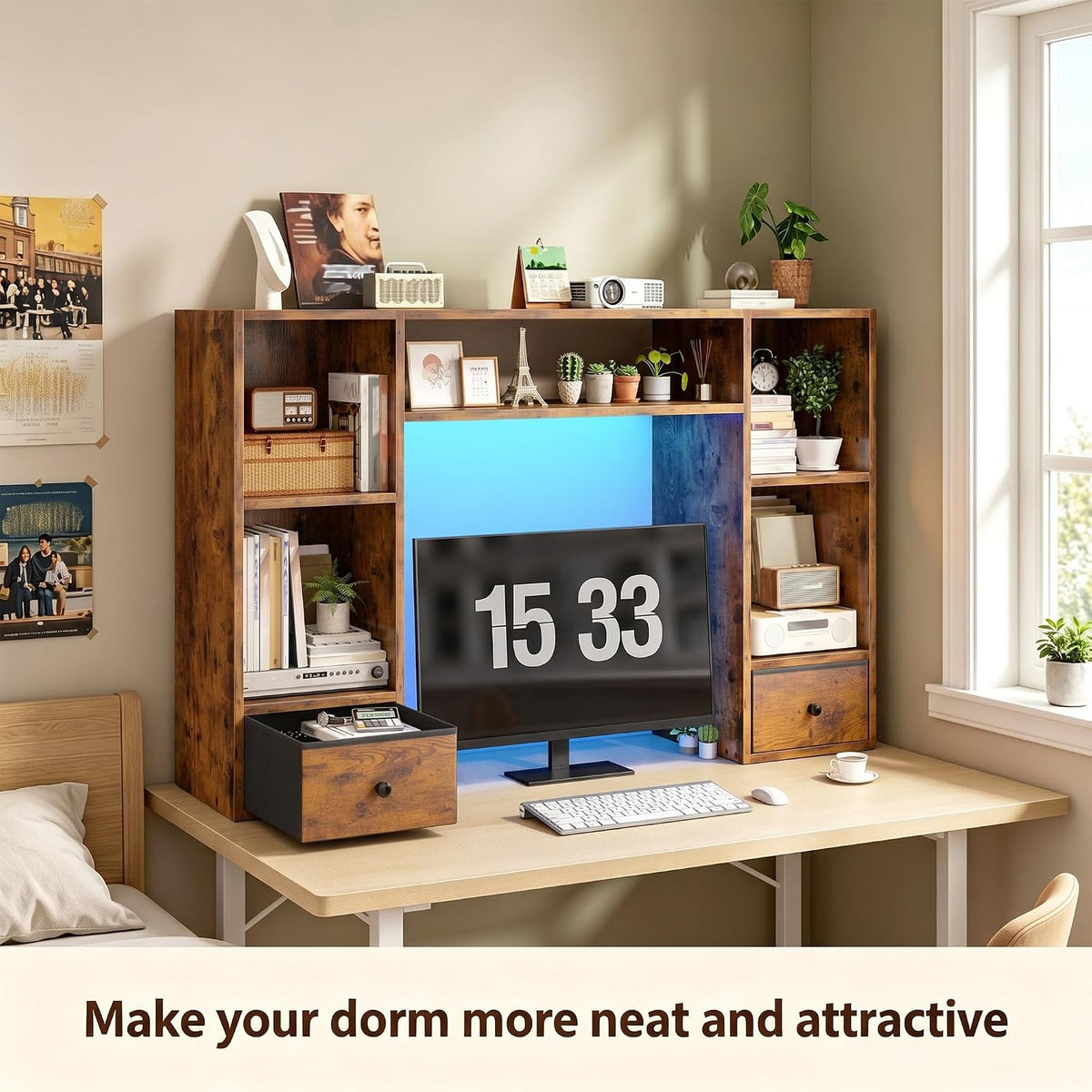 REIBII 47.2" Desktop Bookshelf, 6 Shelves & 2 Drawers, LED Lights, B...