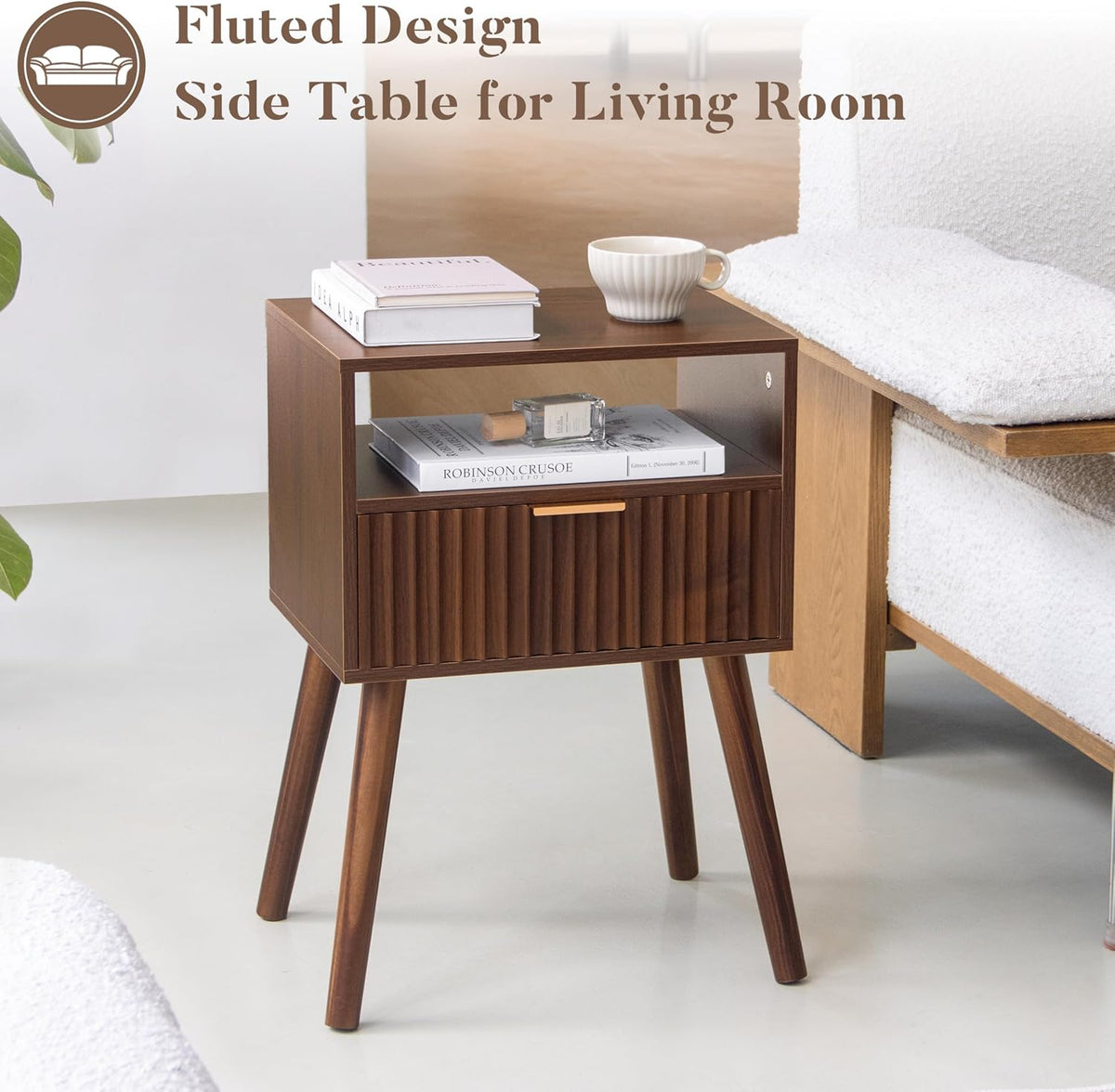 Fultyle Walnut Nightstand, Fluted Night Stand with Drawer and Open Shelf