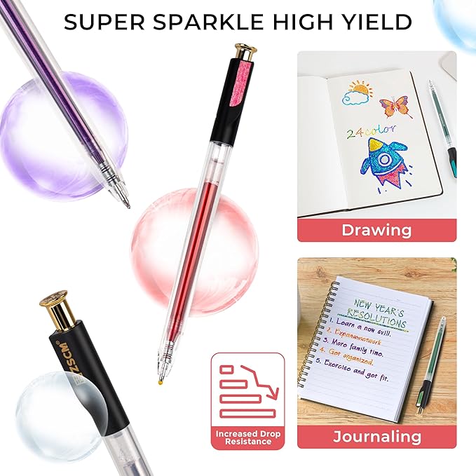 ZSCM Retractable Super Glitter Gel Pens, 24 Colors Large Capacity Metallic - Image 5