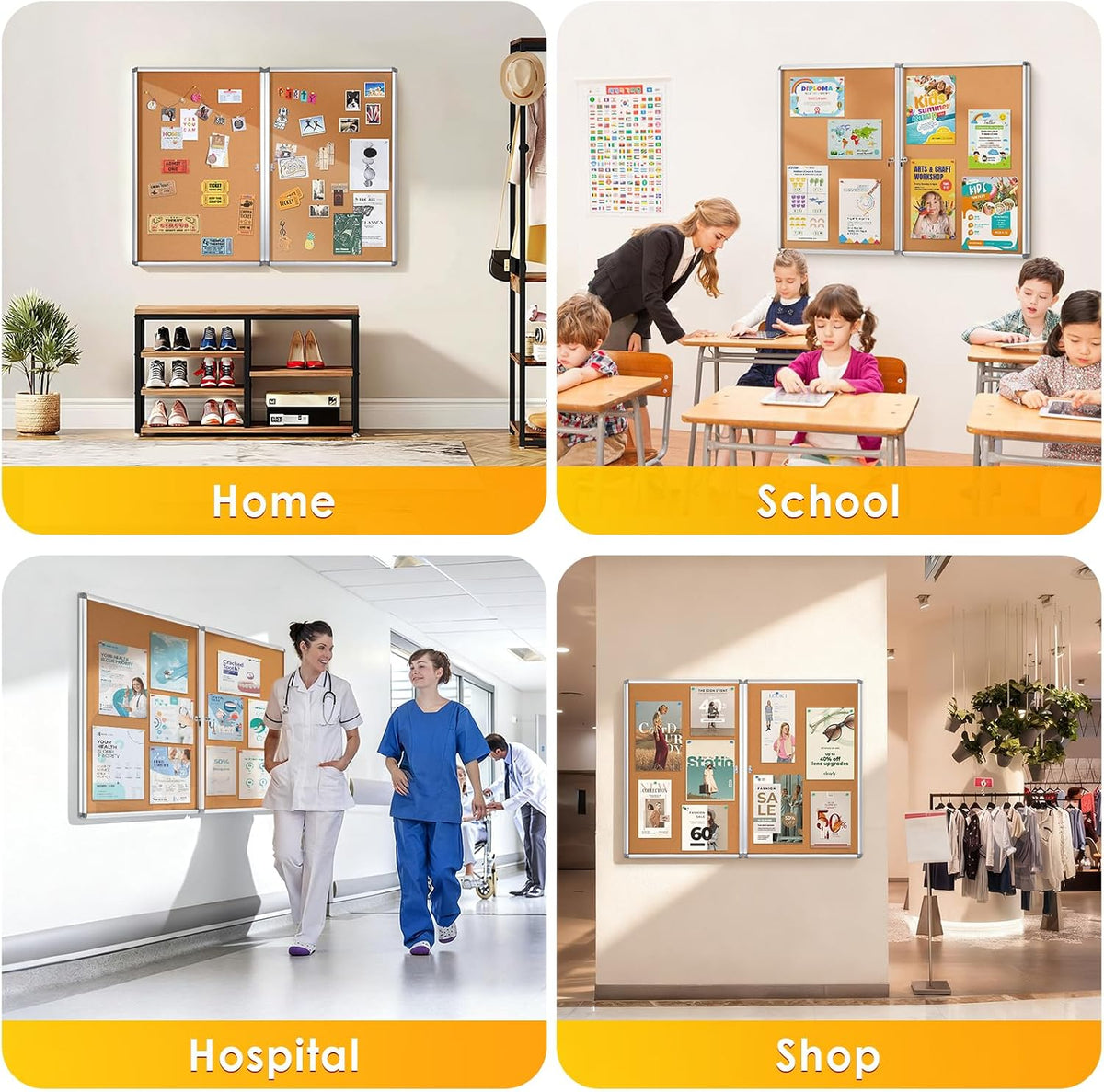 SWANCROWN 36x24 in Enclosed Bulletin Board, Lockable Cork Board, Pack of 2