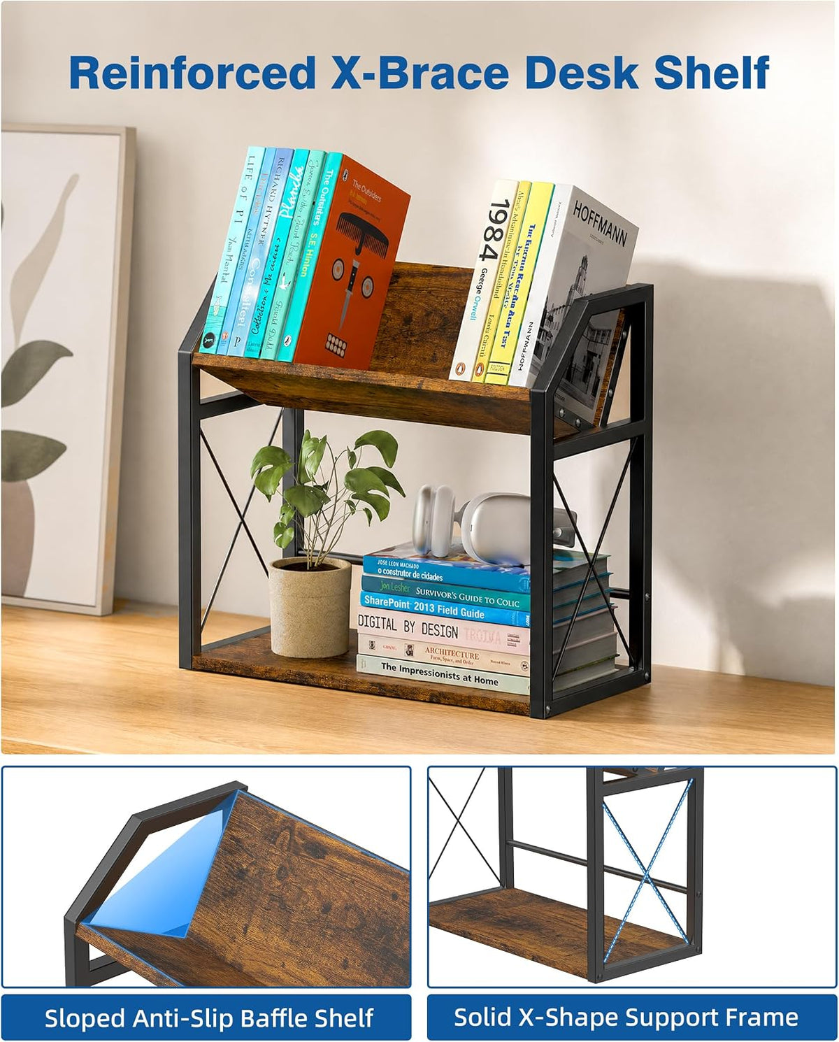 Desktop Bookshelf, Wooden Desk Shelf Organizer, Brown