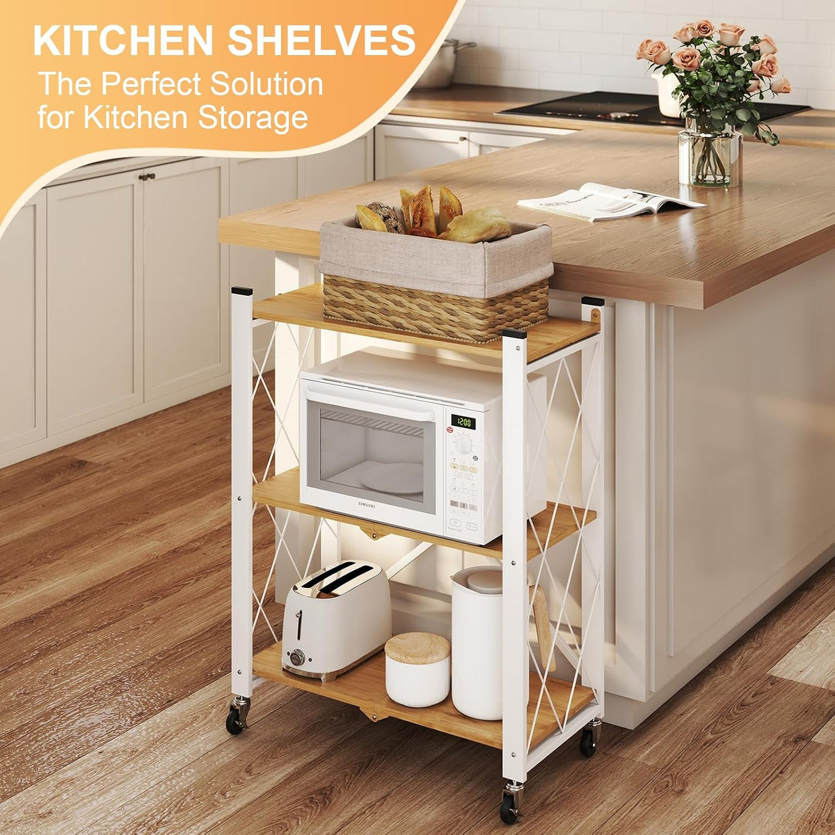 3 Tier Folding Shelf with Wheels, Metal Steel Collapsible Shelves