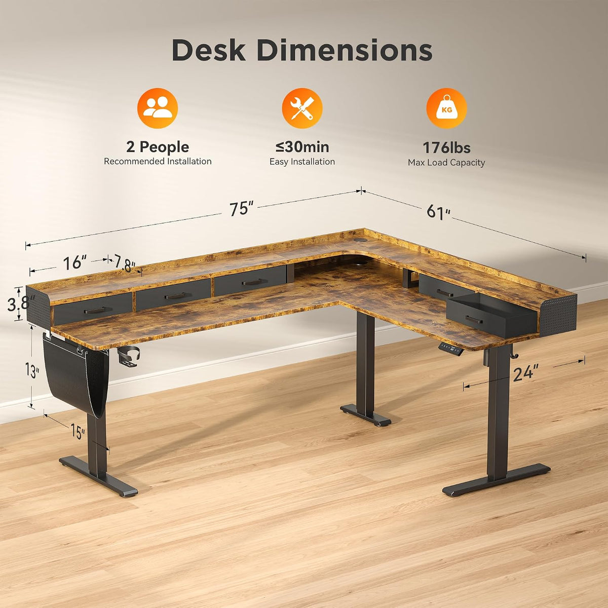 WALKINGDESK 75 Inches Height Adjustable L Shaped Standing Desk with 5 Drawers...