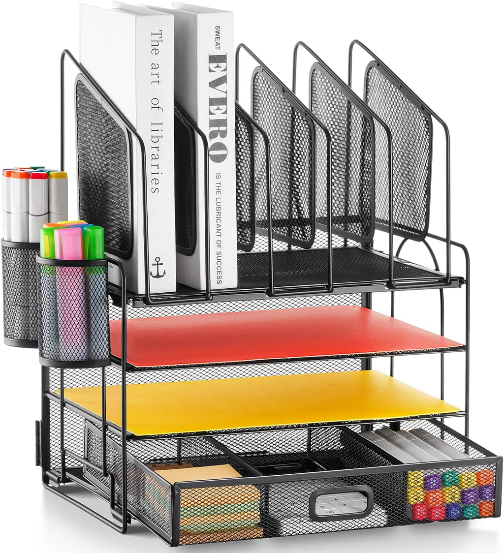 marbrasse desk organizer with drawer, 4-tier mesh file, main product view