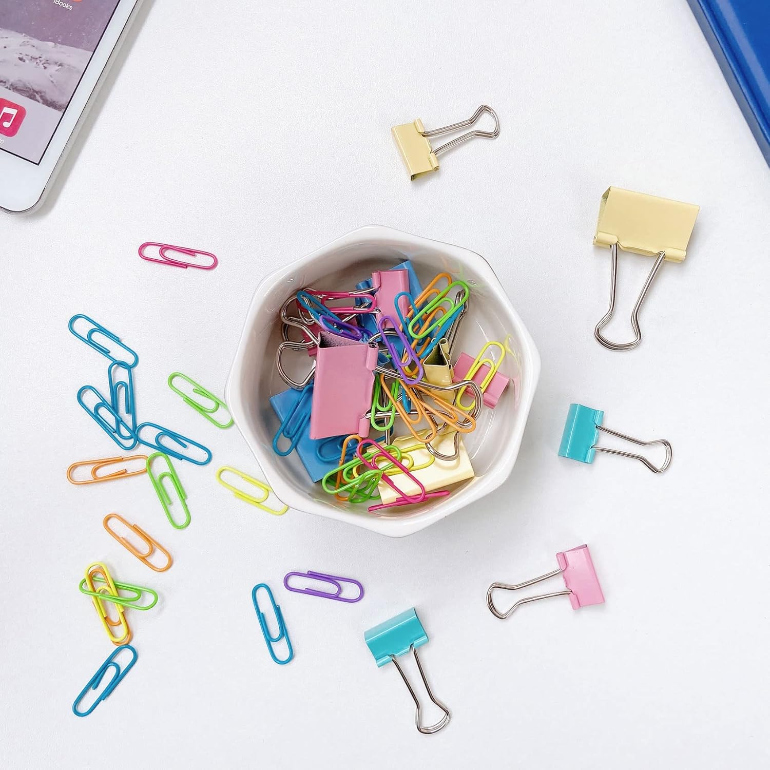 Ceramic Paper Clip Holder With Gold Line Geometric Floral Paper Clip Dispenser for Desk Cute Paper Clip Organizer Office Binder Clip Holder Gift for Office Blue Flowers