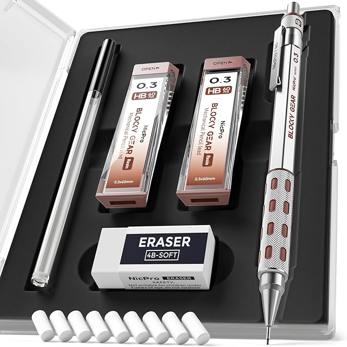 Nicpro Blocky Gear 0.3 mm Mechanical Pencils Set in Case, Metal Pencil by Nicpro
