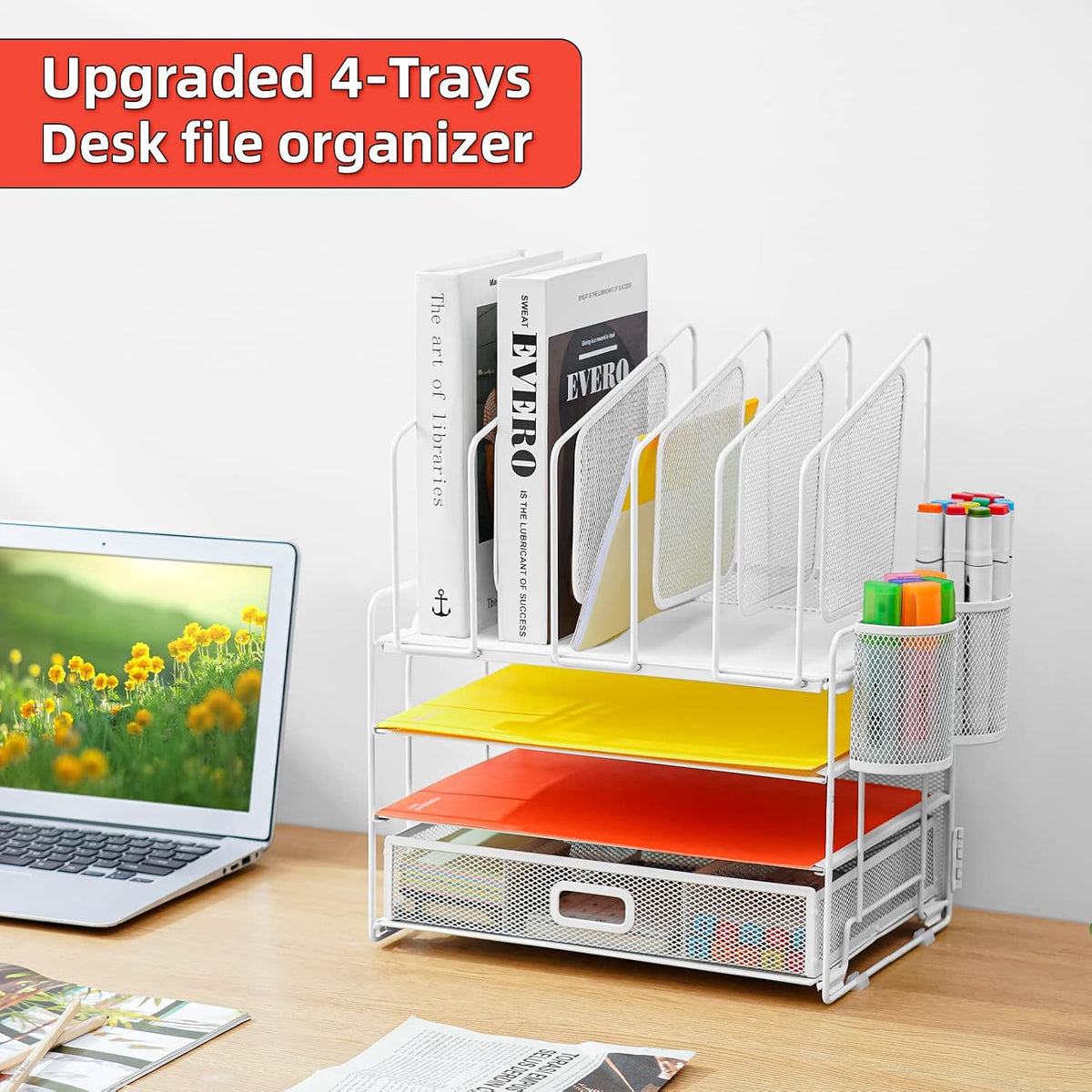 Marbrasse Desk Organizers, 4-Tier Mesh Desk File Organizer with 5 Vertical Fi...