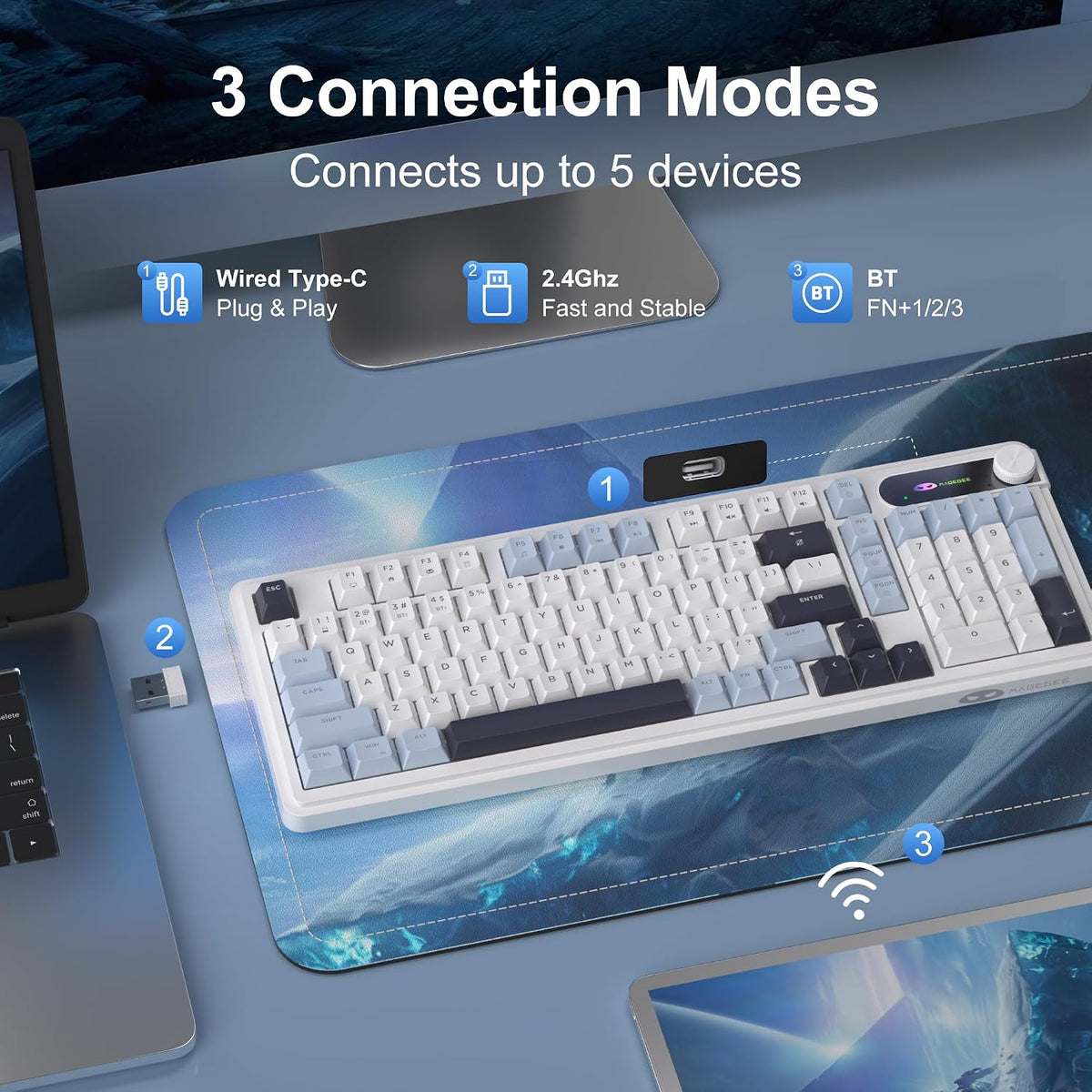 MageGee GK960 Wireless Keyboard, 98 Keys Tri-Mode BT/2.4G/Wired Membrane Gami...