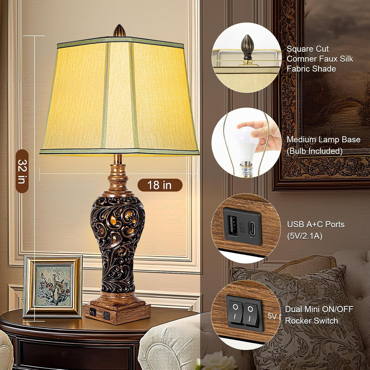 32'' Tall Rustic Vintage Table Lamps Set of 2 with Night Lights, Larg...