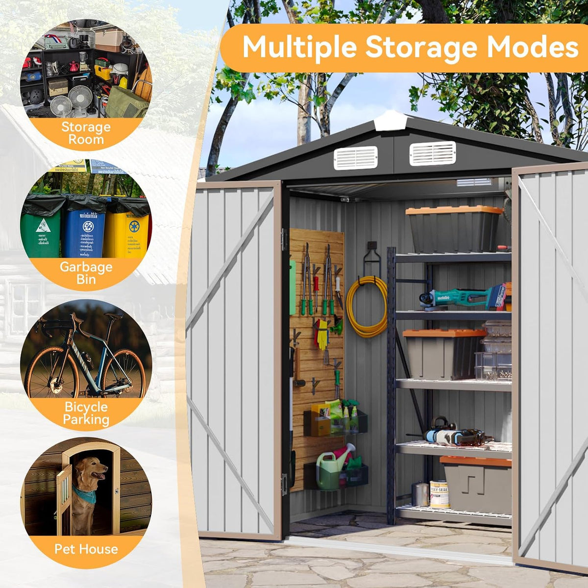 aoxun 6x4 ft outdoor storage shed, brown on a desk or shelf
